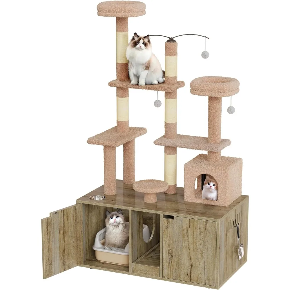 71 Inch Cat Tree With Double Cat Litter Box Enclosure Tree for Cats Trees Castle Towers Supplies Pet Products Oak Cat tree