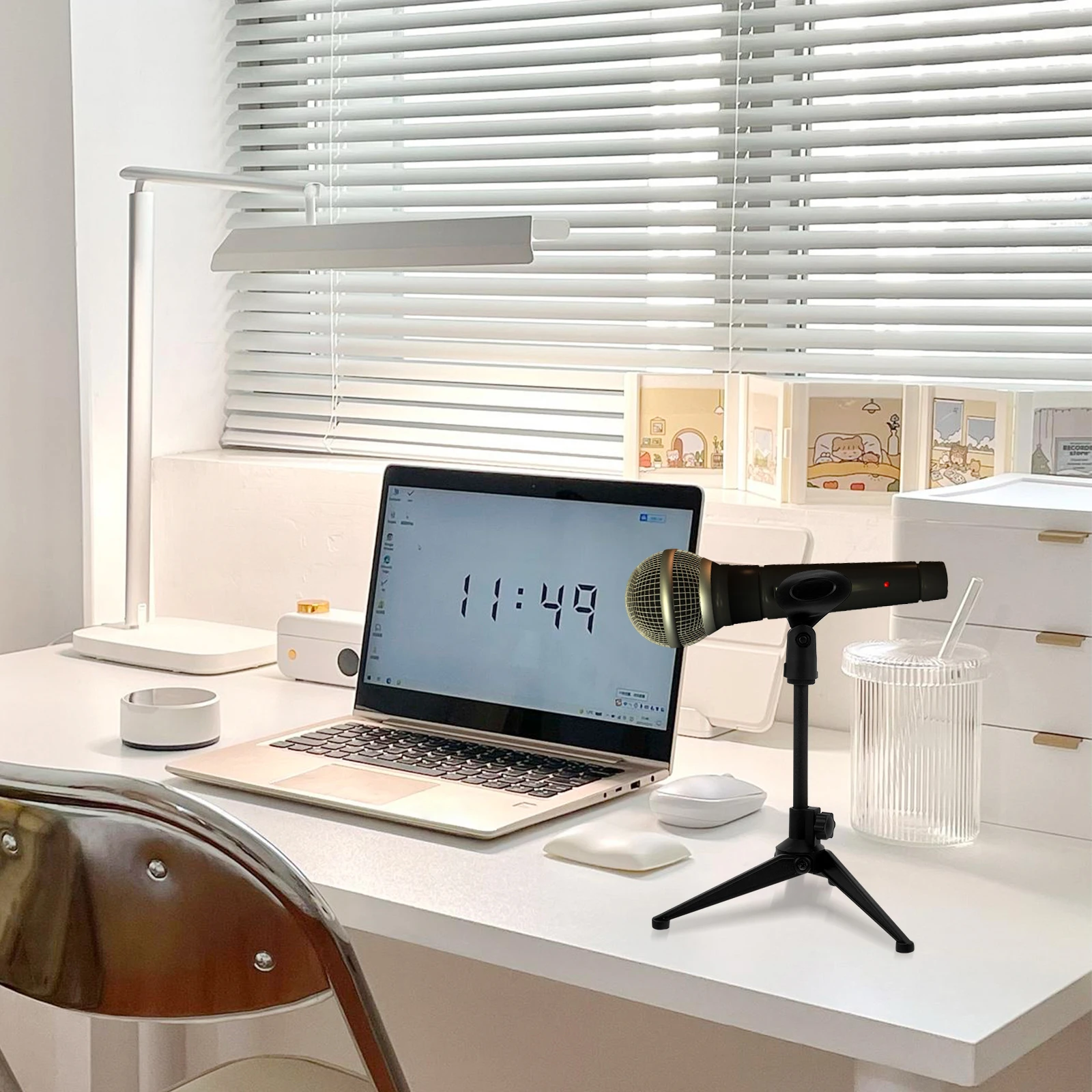 

Floor Microphone Tripod Holder Clamp Folding Table Desktop Stand Pick Black for Interview Clip