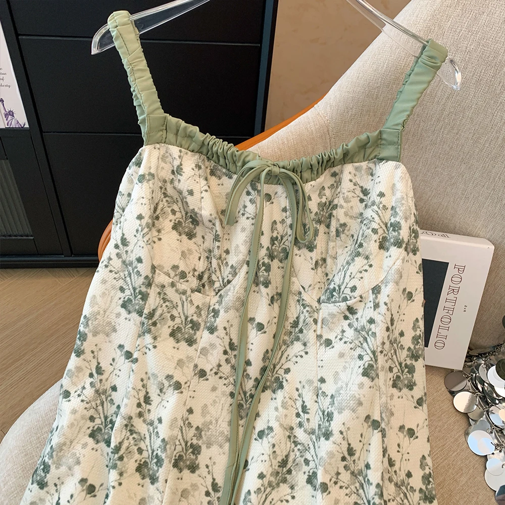 Spring and Autumn plus size women's casual halter dress bow lace decoration green print commuter MIDI skirt 2024 new party dress