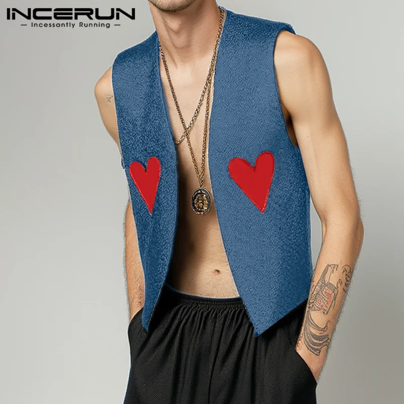 INCERUN Tops 2024 American Style Fashion Men Printed Heart Pattern Vests Casual Streetwear Male Sexy Sleeveless Waistcoats S-5XL