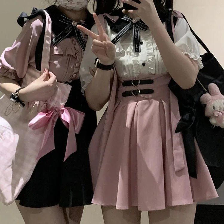 Japanse schattige Lolita kant korte jarretelrokken Kawaii geplooide mini sling rok zomerjurk