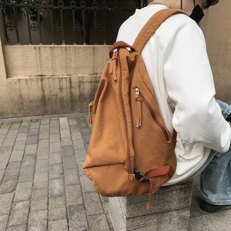 intage Washed Canvas Backpack for Men Women Simple Color Large Capacity Casual Travel Student School Rucksack Bookbag
