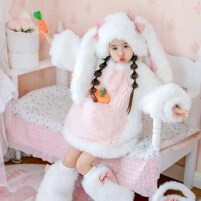Adult Kids Kawaii Plush Bunny Cosplay Costume Family Matching Long Ear Rabbit Hat Dress Leg Warmers Set Halloween Party Outfit