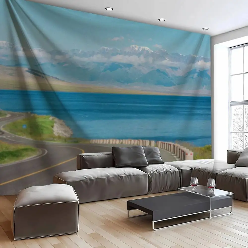 Mountain Lake Highway Landscape Tapestry Nature Snow‑Capped Mountain Blue Lake Curved Road Backdrop For Living Room Home Decor