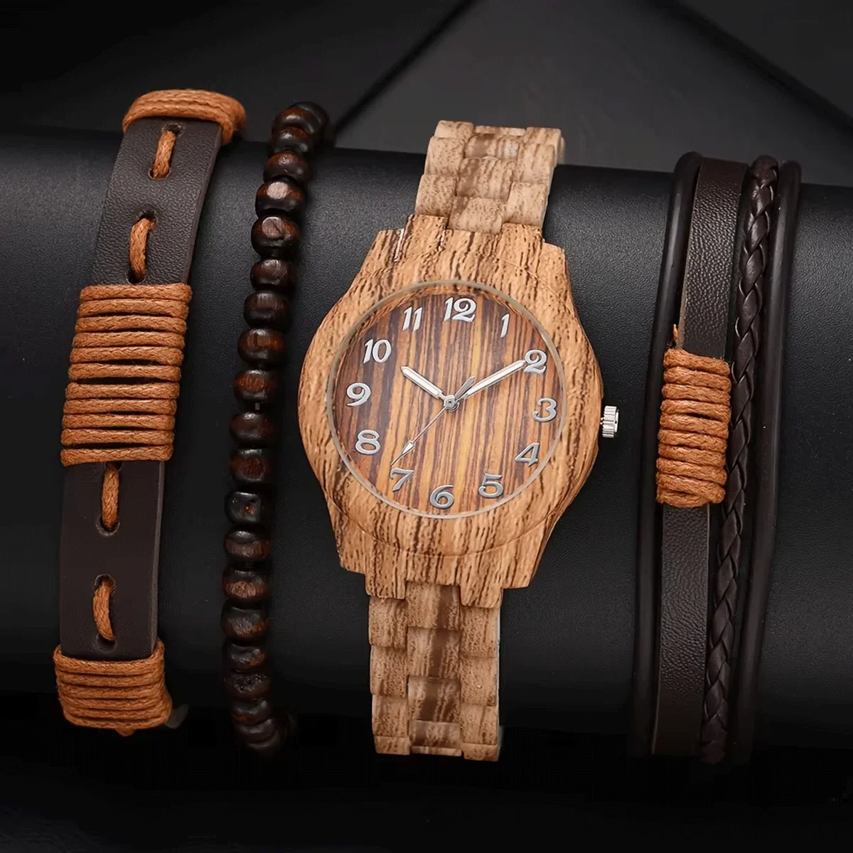 4pcs Casual Fashion Quartz Watch For Women Analog-digital Pointer Gifts With Gifts Set Wood Color Watch Wrist
