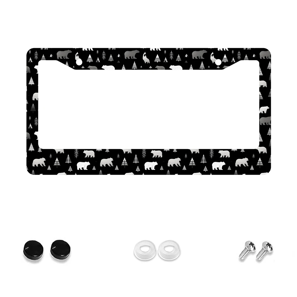

1pc Black Color Bear and Tree Pattern 2 Hole License Plate Frame, Aluminum Material, 6x12 Inches, with Screw Set, Retro Novelty