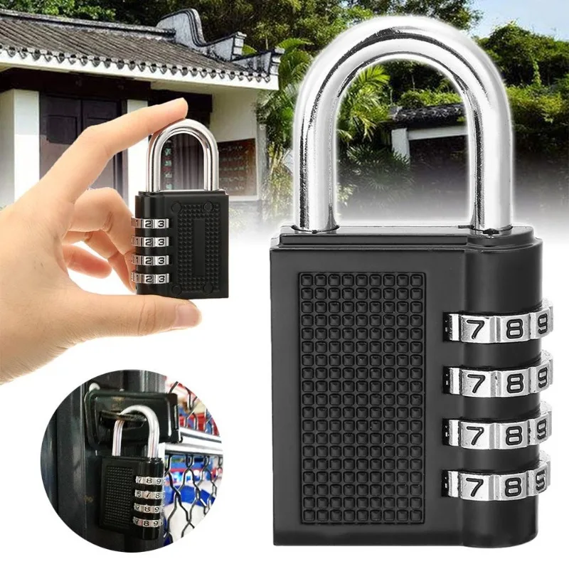 Heavy Duty 4 Dial Digit Combination Lock Weatherproof Security Padlock Outdoor Gym Safely Code Lock Black Silver