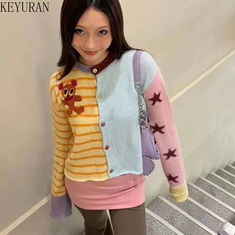 

Color Block Striped Knitted Cardigan for Women 2025 Autumn Winter Streetwear Round Neck Full Sleeve Sweater Mujer Knitwear Tops
