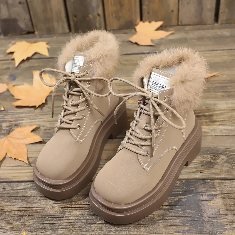 Shoes for Women 2024 High Quality Cross Lacing Women's Boots Fashion Short Plush Modern Boots Women New Round Toe Naked Boots