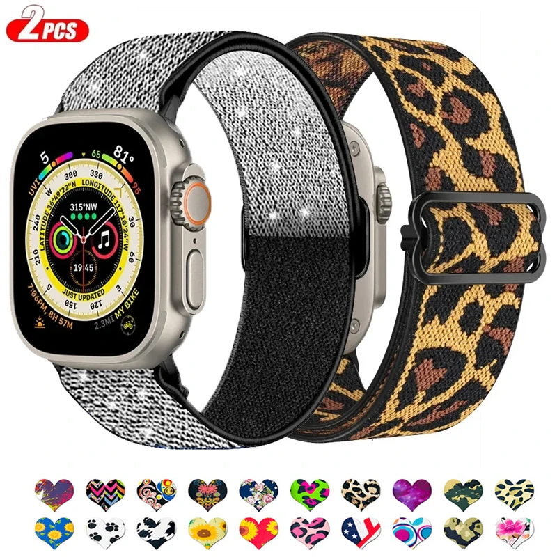 2PCS Elastic Nylon Strap for Apple Watch Band 45mm 44 mm Ultra2 49mm Series 9/8/742mm Bohemian Bracelet iWatch 6 5 4 Se 40/41mm