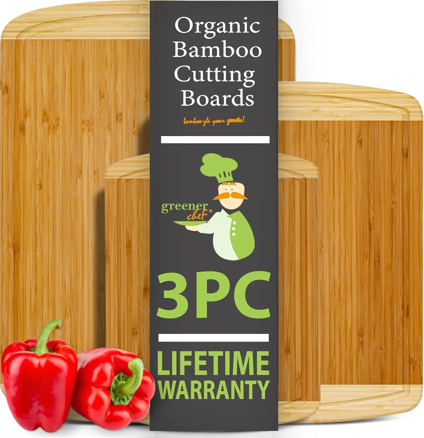 GREENER CHEF Organic Bamboo Cutting Board Set of 3 with Lifetime Replacements - Wood Cutting Board Set with Juice Groove -