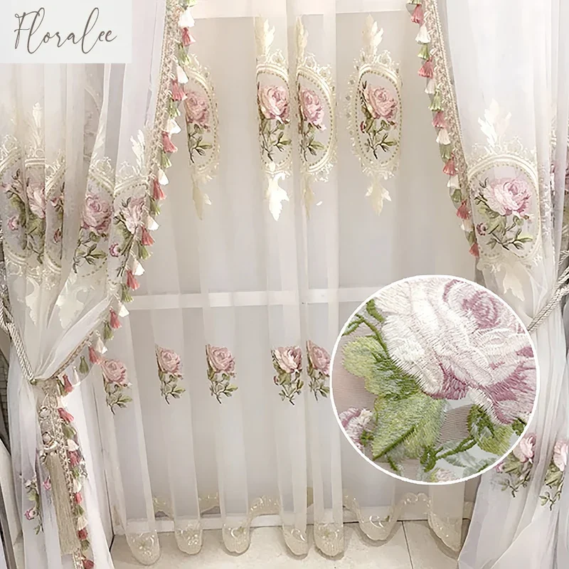 Luxury White Embroidery Flowers Curtains for Living Room Bedroom Window Screen Panels Tassel Tulle Sheer Elegant Home Decor