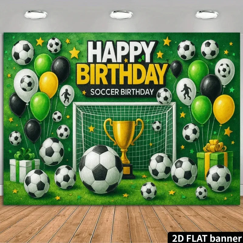 Soccer Birthday Party Goal Net Trophy Ball Balloons Green Field Celebration Banner Tapestry for Kids Sports Fan Gift Decoration