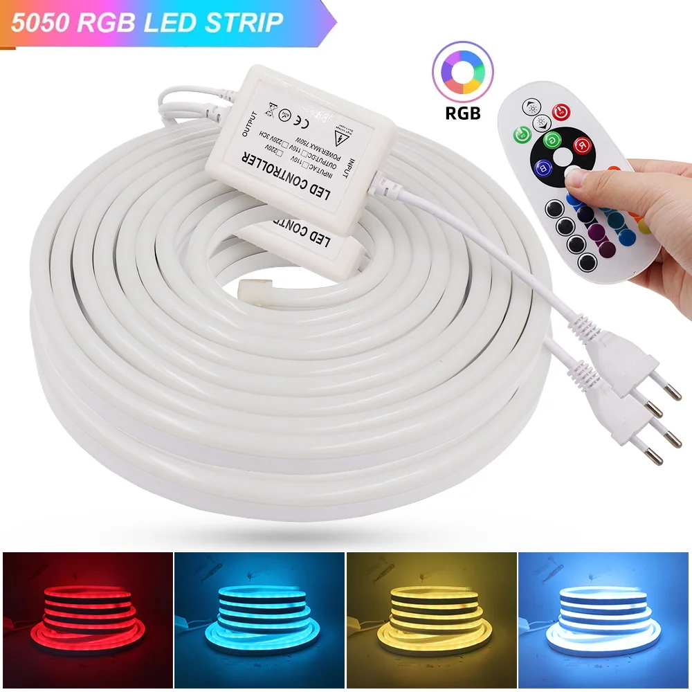 220V Neon Light Sign SMD 5050 2835 RGB Neon Tape Strip Remote Control Waterproof Neon Rope 80Leds/m 120Leds/m Flexible LED Light