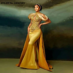 EVLAST Gold Satin Aso Ebi Prom Dress Luxury Beaded Off Shoulder African Party Gown Special Occasion Dess Vestidos De Fiesta P136