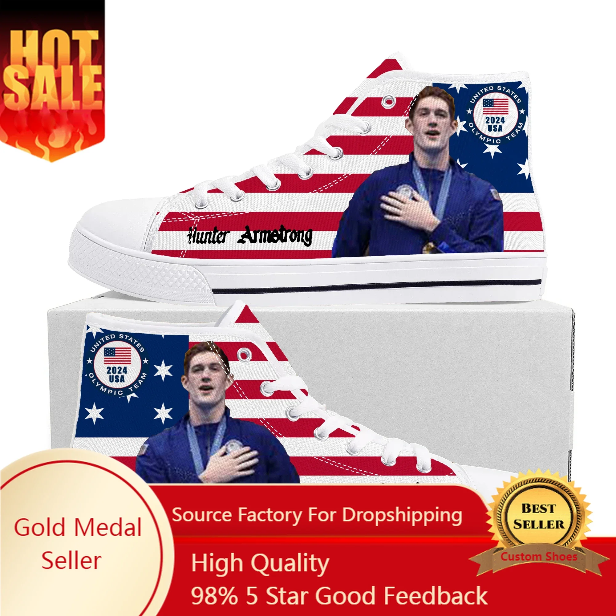 Hunter Armstrong Swimming Champion High Top Shoes Mens Womens Teenager High Quality Sneakers Canvas Sneaker Couple Custom Shoe