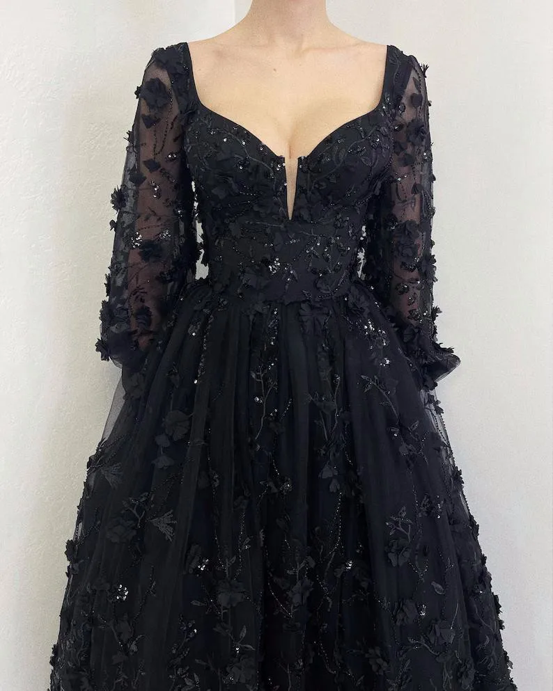 

Amanda Black Puffy Sleeve Prom Dress Luxurious 3D Flower A-line Floor Lenght Vestidos De Fiesta Gothic فساتين سهرة