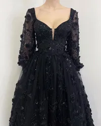 Amanda Black Puffy Sleeve Prom Dress Luxurious 3D Flower A-line Floor Lenght Vestidos De Fiesta Gothic فساتين سهرة