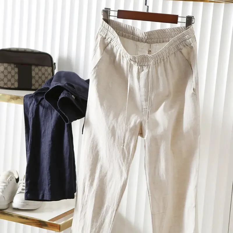 Italian simple 100% pure linen spring and summer slim straight casual pants trousers