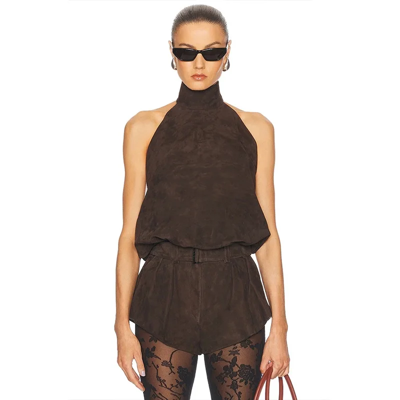 高品質売れ筋卸売2025夏ハンギングネックスリムフィットノースリーブトップブラウンベルトパンプキンパンツショーツセット原宿