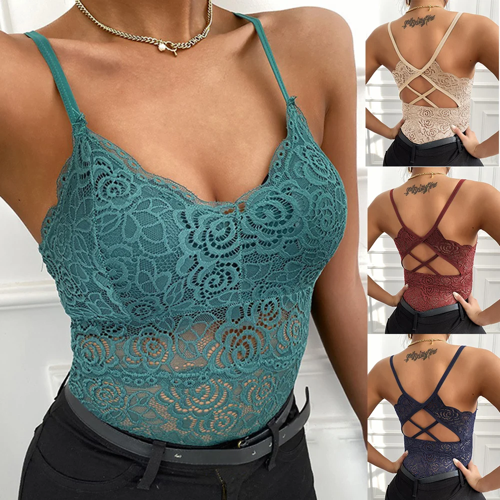 Sexy Women\'s Lace Crop Tops Deep V Neck Tank Top Bandeau Underwear Summer Camisole Vest Sleeveless Bralette Female Lace Tops