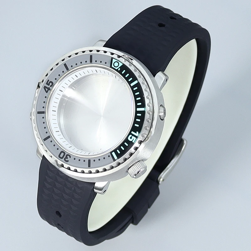 

43mm Silvery Watch Case Rubber Watchband Sapphire Glass For Mod Mini Tuna Canned NH35 NH36 NH38 4R36 Movements C3 Luminous bezel