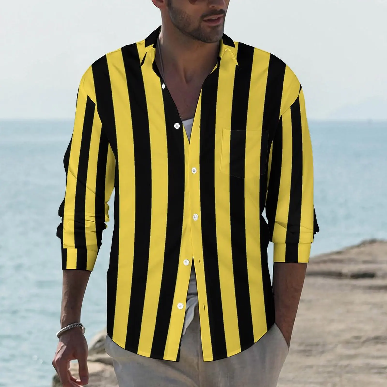 Vertical Striped Shirt Black And Yellow Casual Shirts Long Sleeve Custom Street Style Blouses Autumn Retro Oversized Tops