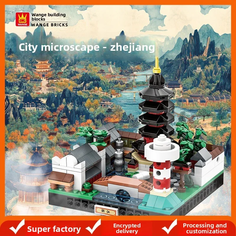 Conjunto de Blocos Micro da Cidade de Zhejiang Estilo Urbano Chinês Guochao Miniatura DIY Brinquedo Educativo para Crianças e Adultos Presente para Casa
