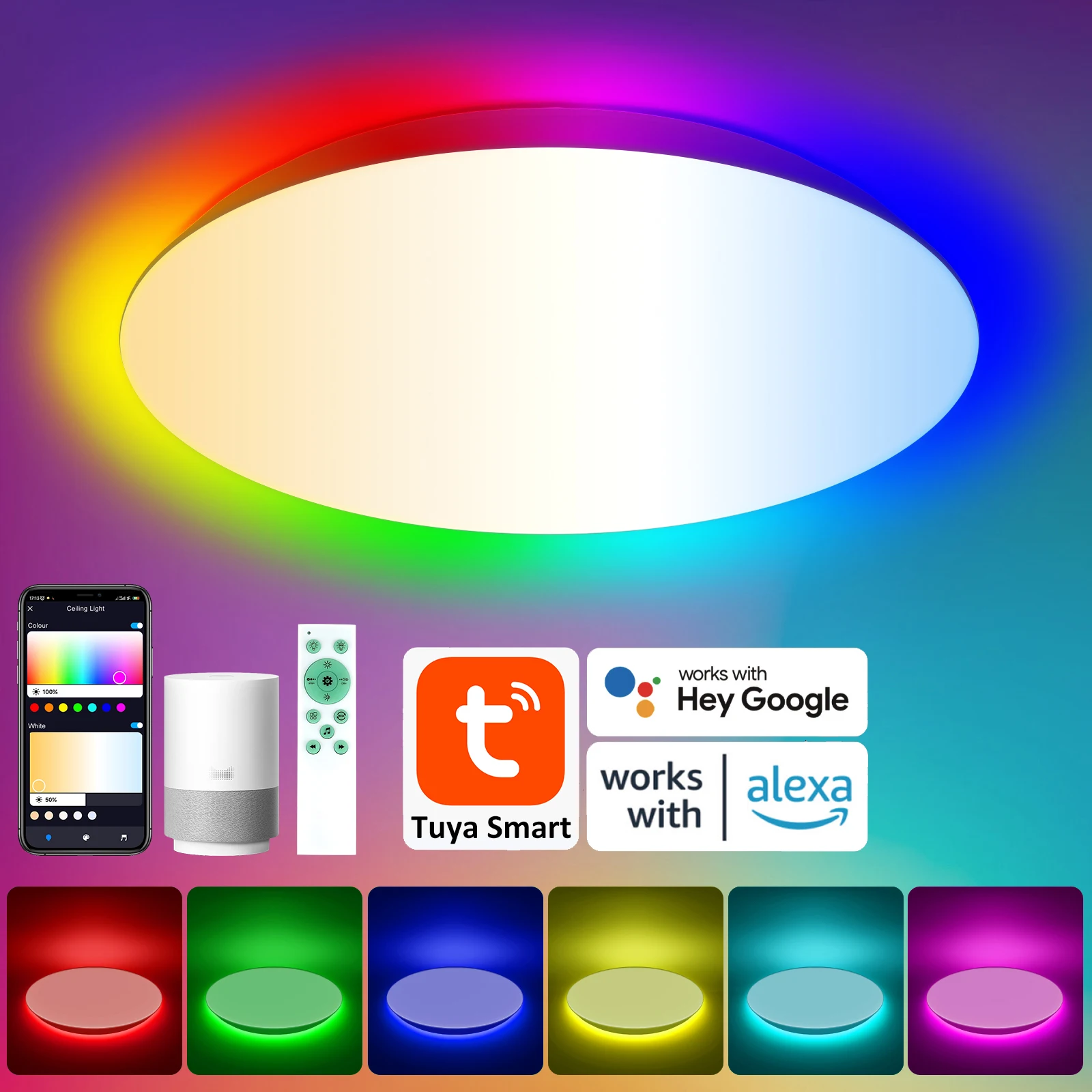 

24 Вт Tuya APP Умный потолочный светильник RGB LED Light Alexa Голосовое управление Применение Google Home и спальня Декоративный светильник Глянцевый