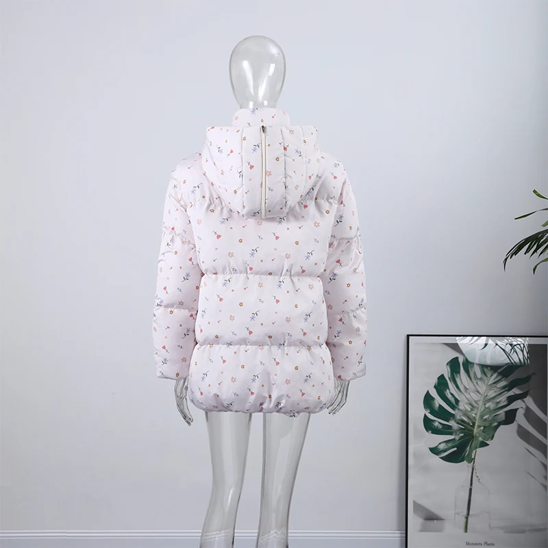 Unique Hooded Women's Winter Jacket Elegant Printed Thicken Pockets Full Sleeve Female Cotton Coat 2025 New Woman Coats Outwears
