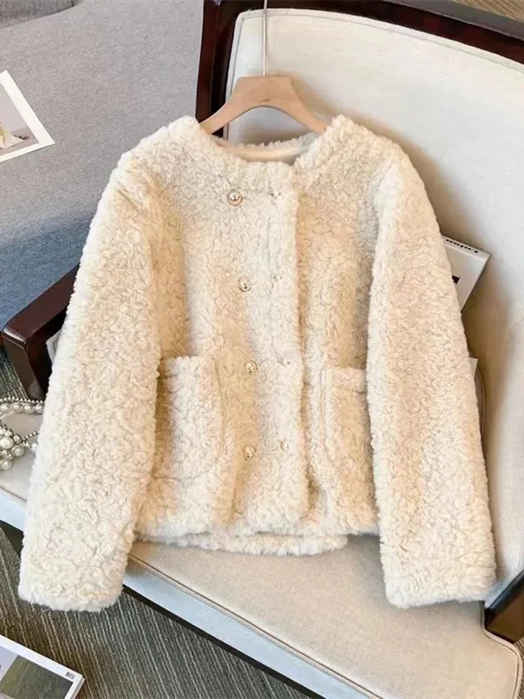 Jmprs Korean Faux Fur Sweet Coats Women Warm Thick Winter Long Sleeve Cute Jacket Casual O Neck Double Breasted Vintage New Tops