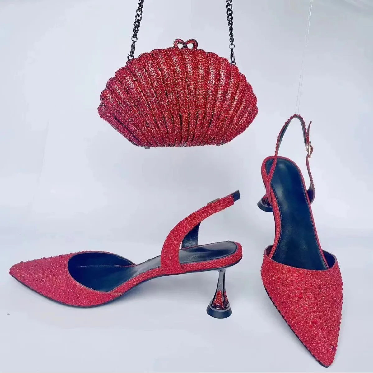 2026 Lilac Square Amethyst Chain Clutch Bag Gradient Rhinestone Slingback Heels Women Runway Evening Party Wedding Matching Set view 3