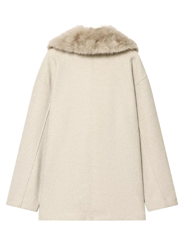 เสื้อโค้ทผู้หญิงแฟชั่นฤดูหนาว ผ้าเนื้อนุ่ม แต่งปกขนเฟอร์เทียม กระดุมสองแถว สไตล์หรูหราลำลอง สำหรับผู้หญิง