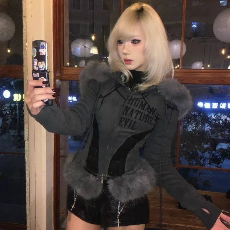 Y2K Rock Punk Motorcycle Fleece Long-Sleeve Hooded Sweatshirt Jacket Grunge Fur Collar Subculture Slim Top Harajuku Short Top