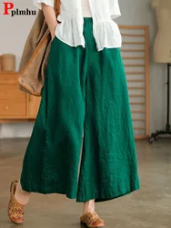 Culotte Vintage à Taille Haute et Jambes Larges en Coton et Lin, Pantalon Droit, Longueur Rinçage, FjCasual, Respiré, 4XL