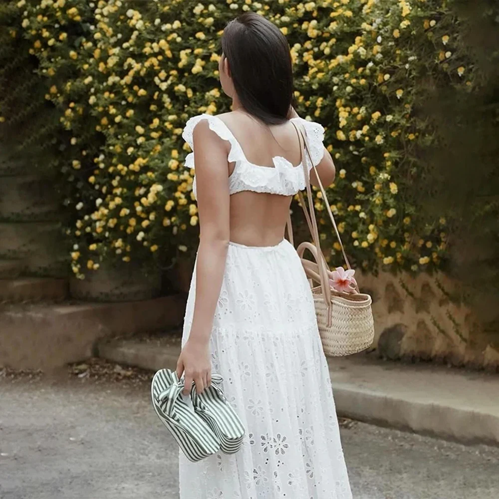 فستان ماكسي للأمهات باللون الأبيض للنساء المطاطي لالتقاط الصور النسائية الأنيقة برقبة مربعة بدون ظهر تنورة طويلة فساتين شاطئ بوهو أنيقة #6