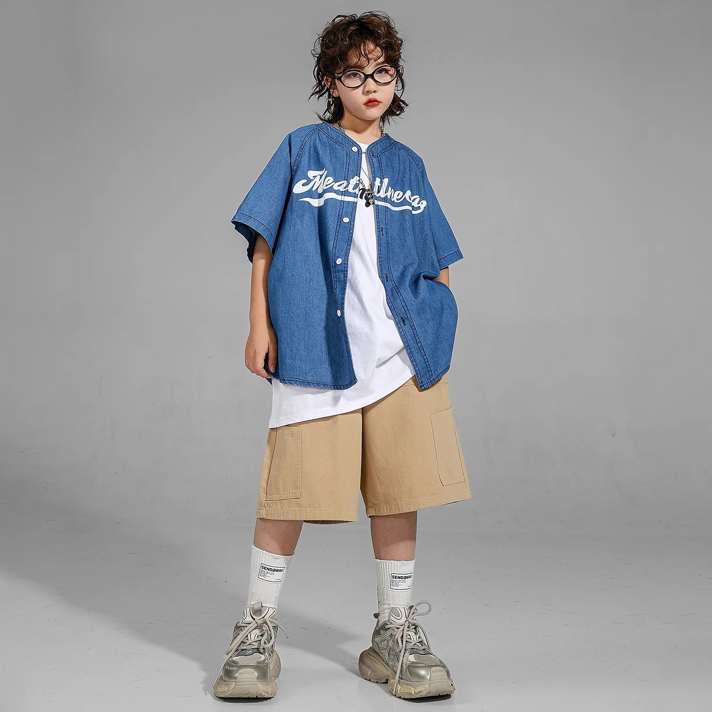 Kid Kpop Hip Hop Clothing Blue Baseball Cardigan Jeans Shirt Khaki Casual Wide Pocket Shorts for Girl Boy Dance Costume Clothes