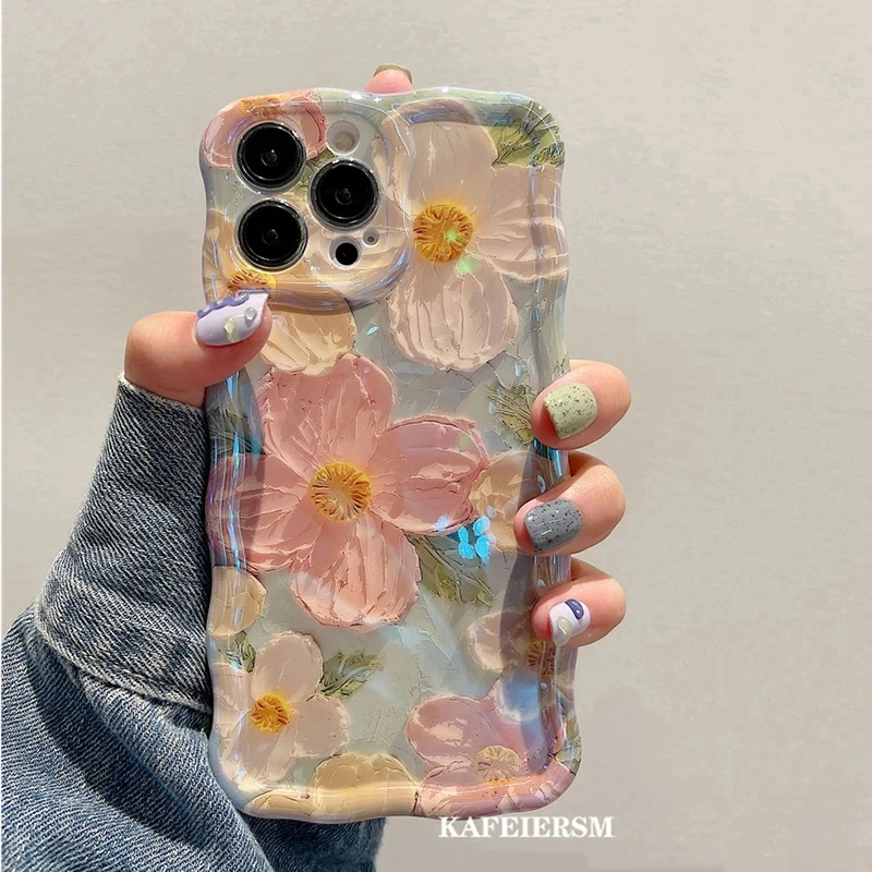 Luxury Laser Blue Light Flowers Phone Case For iPhone 16 Pro Max 15 14 13 12 11 Plus Fashion Retro Shockproof Silicone Cover