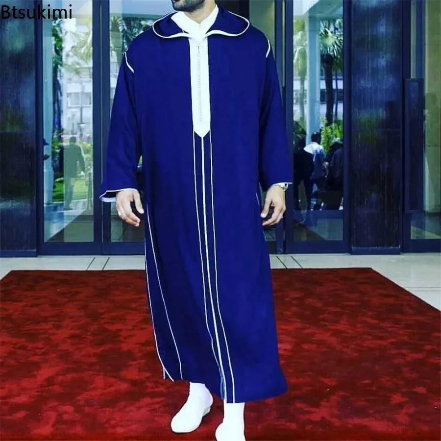 Nuovo Musulmano Jubba Thobe Vestiti Da Uomo Con Cappuccio Ramadan Primavera Autunno Abaya Dubai Turchia Abbigliamento Islamico Maschile Casual Allentato Striscia Rossa