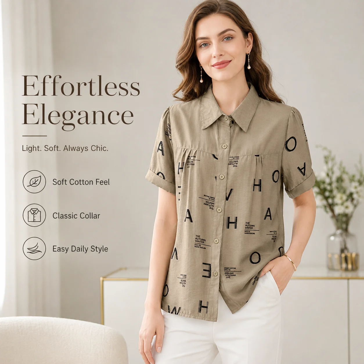 Women's Letter Print Button Down Blouse Short Puff Sleeve Cotton Collared Shirt Casual Office Top Plus Size