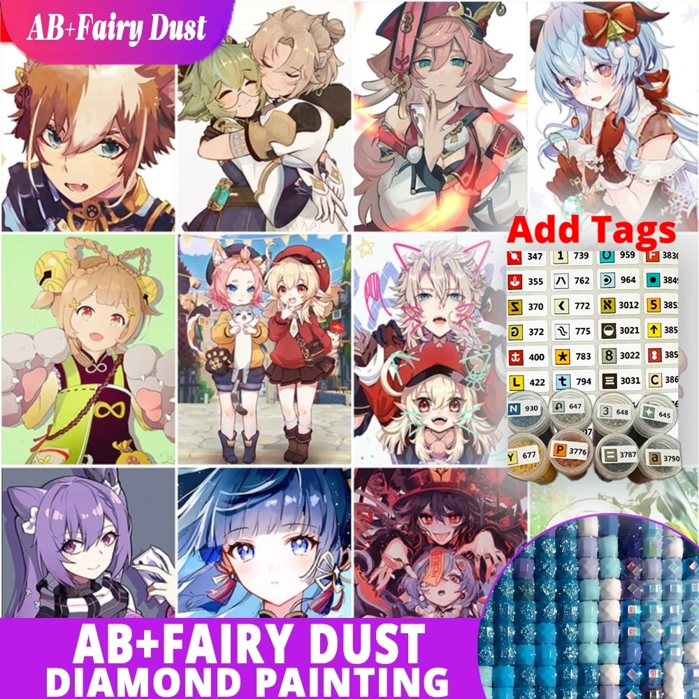 

Фея Пыль AB поставляется с наклейками DMC 5D DIY Алмазная картина Genshin Impact Круглая мозаика Аниме Набор для вышивания мультфильмов Горный хрусталь