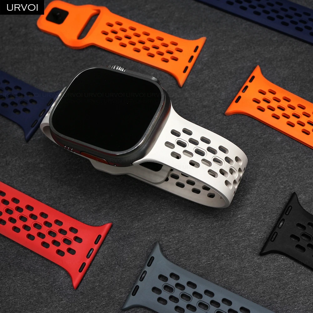 URVOI Sport Band for Apple Watch Ultra 2 1 Series 10 9 8 7 6 fluoroelastome strap for iWatch breathable Pin-and-tuck wristband