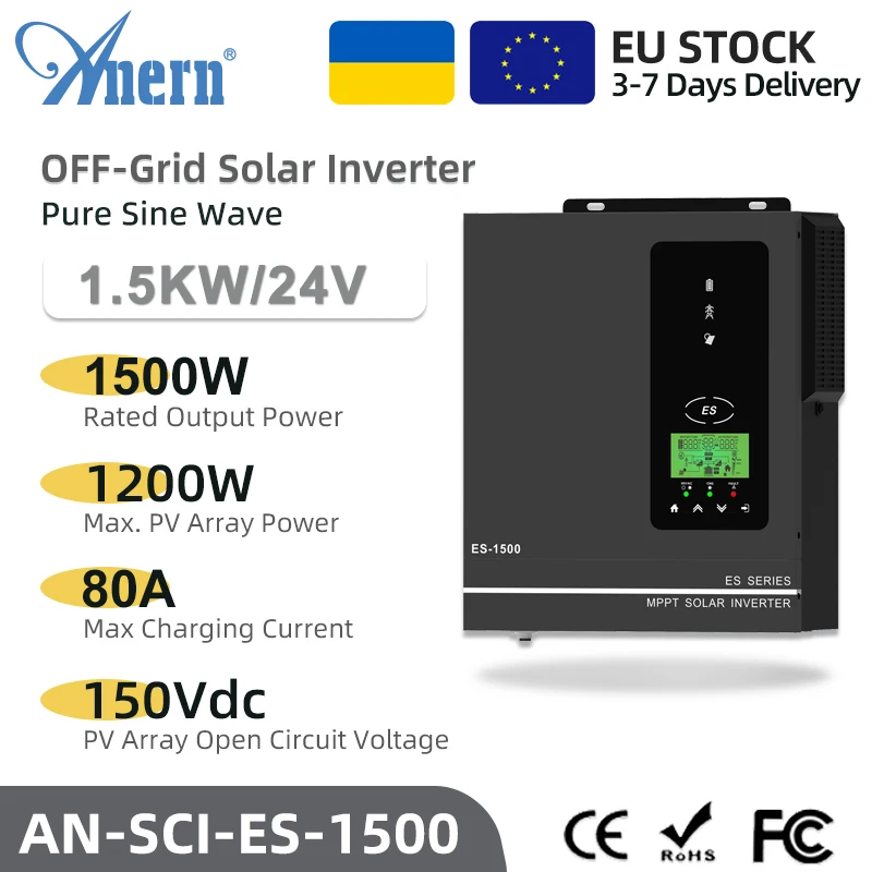 Anern 1500W 1000W Hybrid Solar inverter 12V 220V Pure Sine Wave Off Grid inverter MPPT 80A Solar Charge Controller Max PV 150VDC