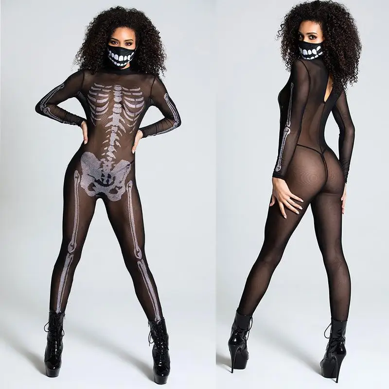 

Хэллоуин Череп Прозрачный комбинезон Скелет Кость Прозрачный цельный костюм Женский этнический костюм Одежда для выступлений на сцене