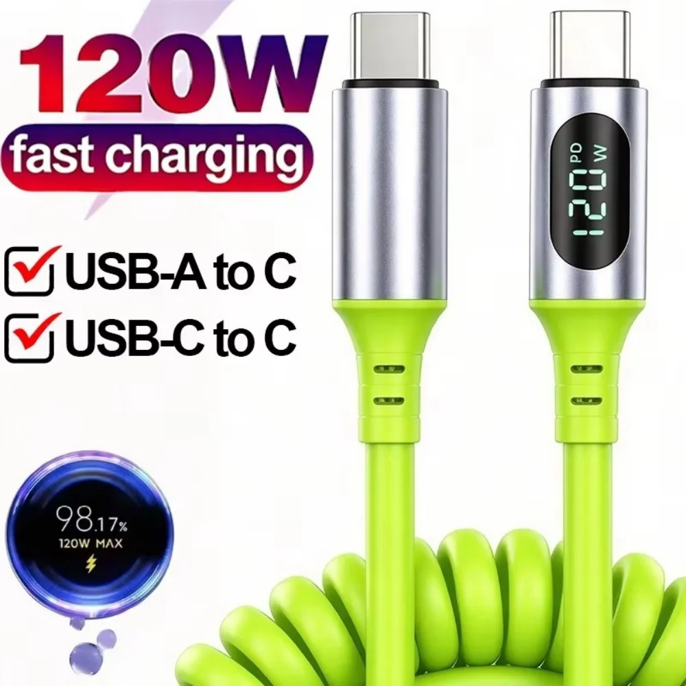 120W USB C Retractable Spring Cable Fast Charging Phone Charger Data Wire For iPhone Samsung Xiaomi Huawei PD Type C Quick Cable
