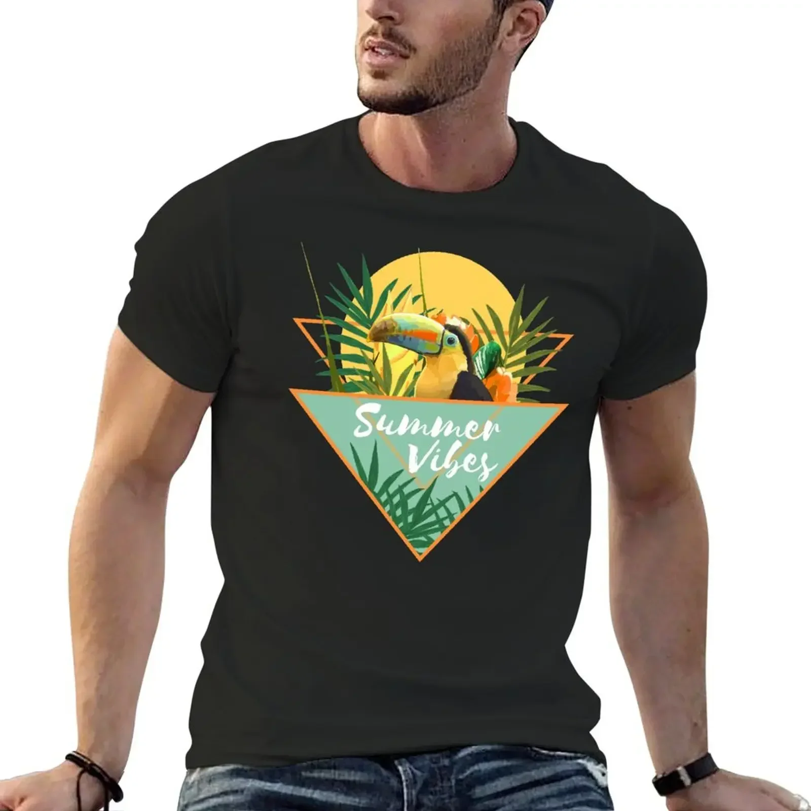 

Summer Vibes Typography Tropical Bouquet With Toucan T-Shirt vintage clothes summer tops sublime plus sizes mens workout shirts