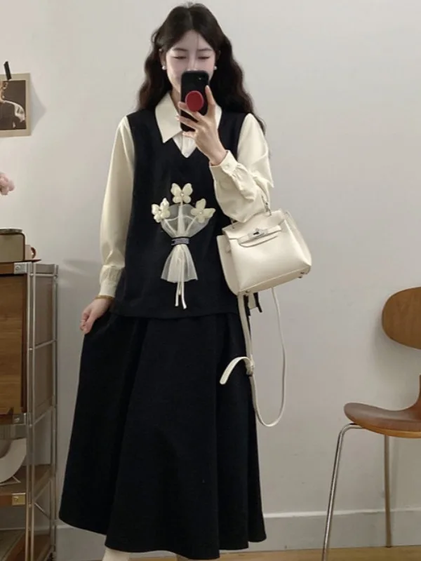 Primavera 2025, conjunto Faion de talla grande para mujer con falda de flores y pajarita, conjunto de dos piezas largo Sve