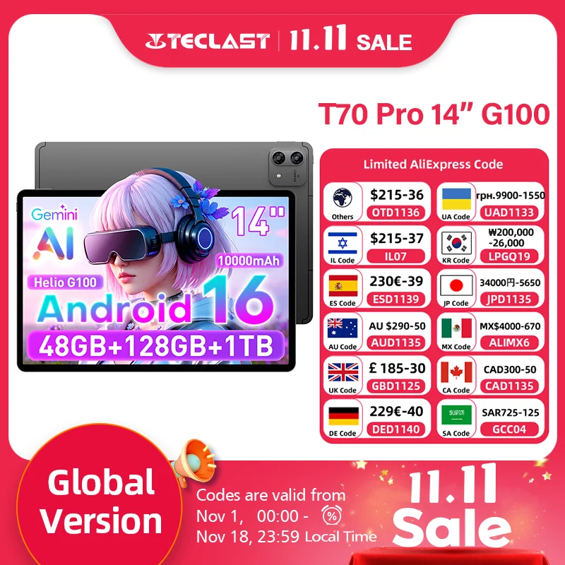 테클라스트 T70 Pro 14인치 2.2K 디스플레이 2240x1400 MTK Helio G100 Max. 48GB 램 128GB 롬 안드로이드 16 태블릿 PC 10000mAh 18W 4G LTE