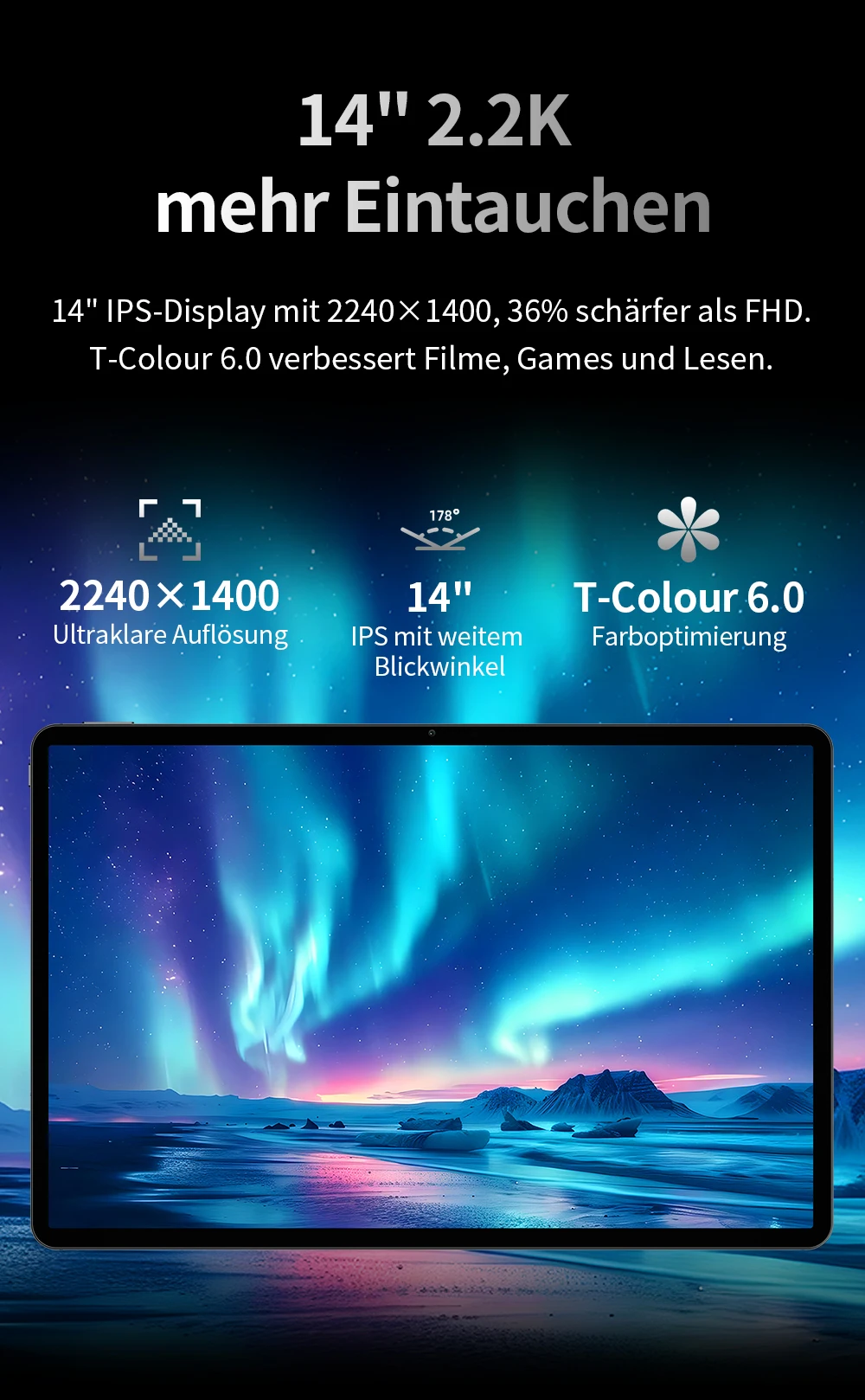 Teclast T70Pro Android 16 Tablet mit Gemini AI, 14 Zoll IPS 2240x1400 Display, G100 Octa-Core, 8GB RAM+40GB erweiterter RAM, 128GB UFS-Speicher, 1TB Micro-SD-Erweiterung, Dual-SIM 4G LTE, 10000mAh Akku, 18W PD-Ladung – Detail 4