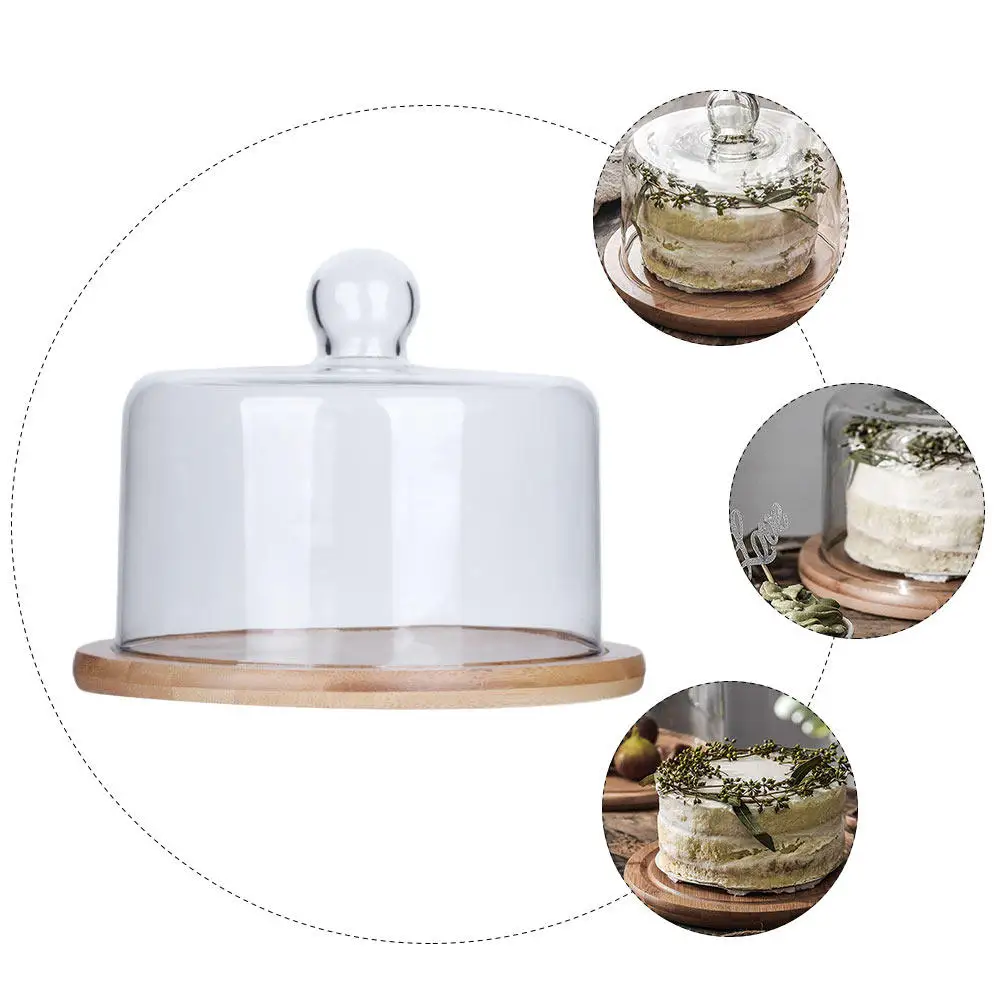 

Набор: Защитный стеклянный колпак для торта, крышка для сохранения свежести продуктов, поднос для десертов, хлеба и фруктов, деревянный сервировочный поднос